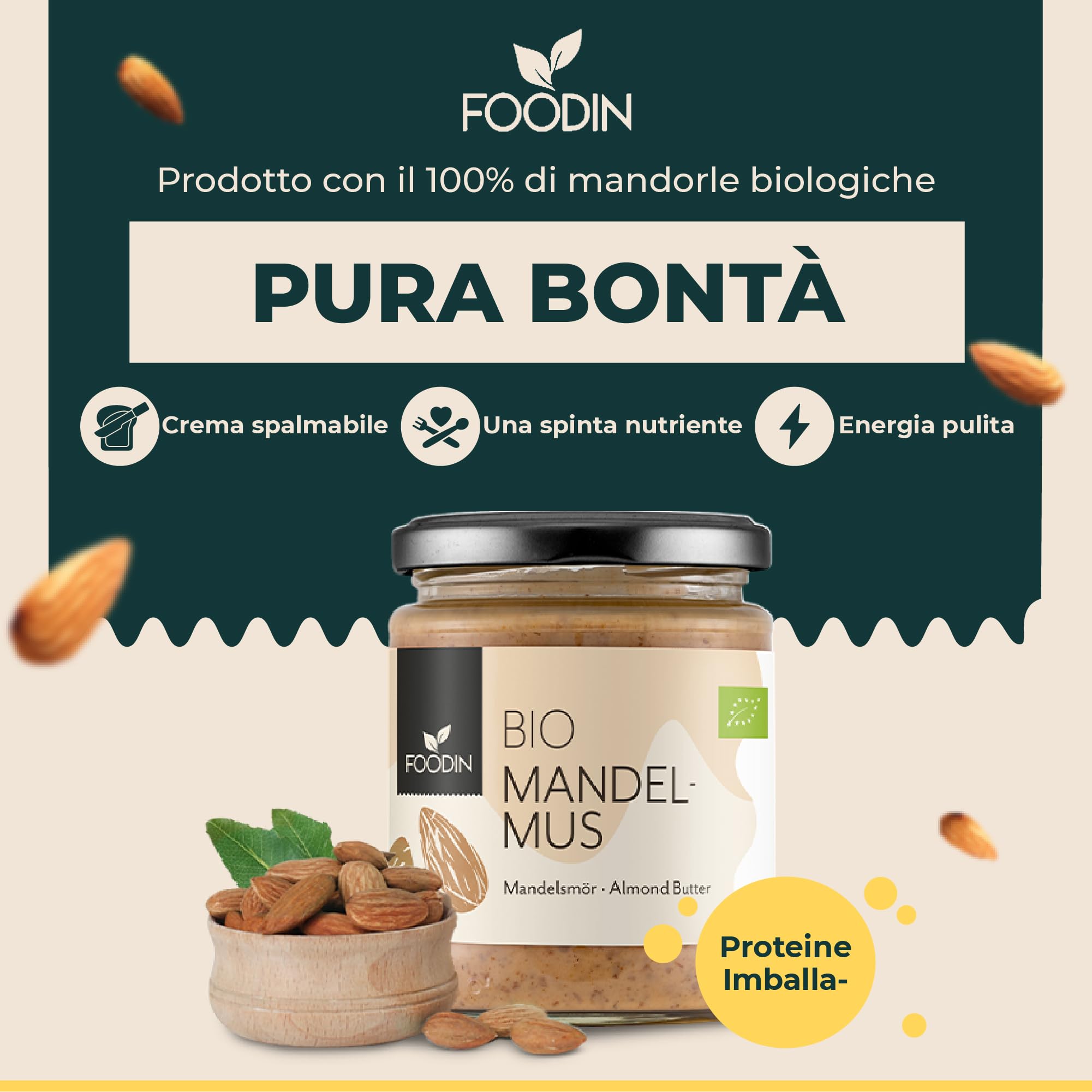 FOODIN Burro di Mandorle Marroni Bio in Vasetto di Vetro – 100% Mandorle Bio, Crema Spalmabile Naturale, Fonte di Proteine e Acidi Grassi, Senza Glutine, Vegano - (2 x 250 g)