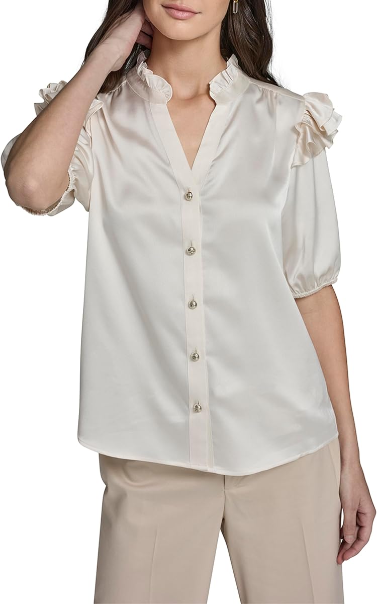 Karl Lagerfeld Blusa de manga corta con cuello redondo y botones para mujer