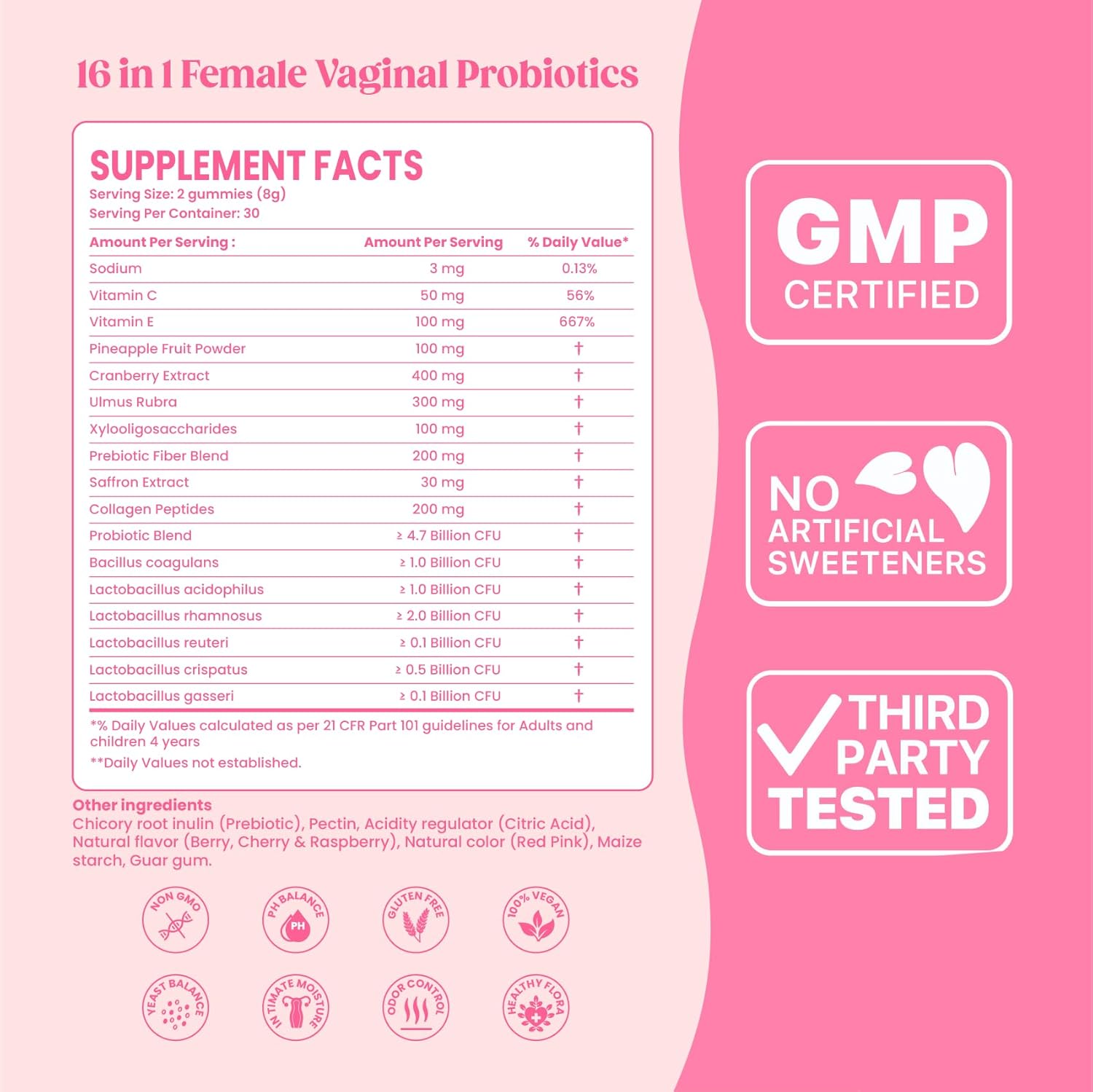 16-in-1 Vaginal Probiotic Gummies for Women – Berry Feminine Balance Gummies with 4.7B CFU Probiotics, Cranberry, Prebiotic Fiber & Collagen – Vaginal Health & pH Balance Support – 60 Gummies