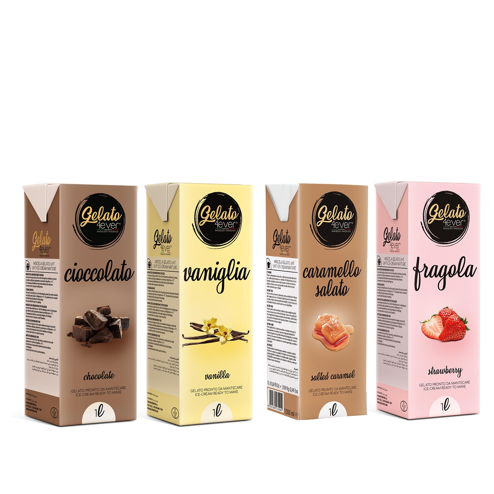 Gelato 4ever - Preparato per Gelato Pronto da Mantecare, Bundle da 4, Facile da Preparare, Compatibile con Tutte le Macchine per Gelati Come Ninja Creami, Magimix, HKoenig, 1L per Brick, Made in Italy