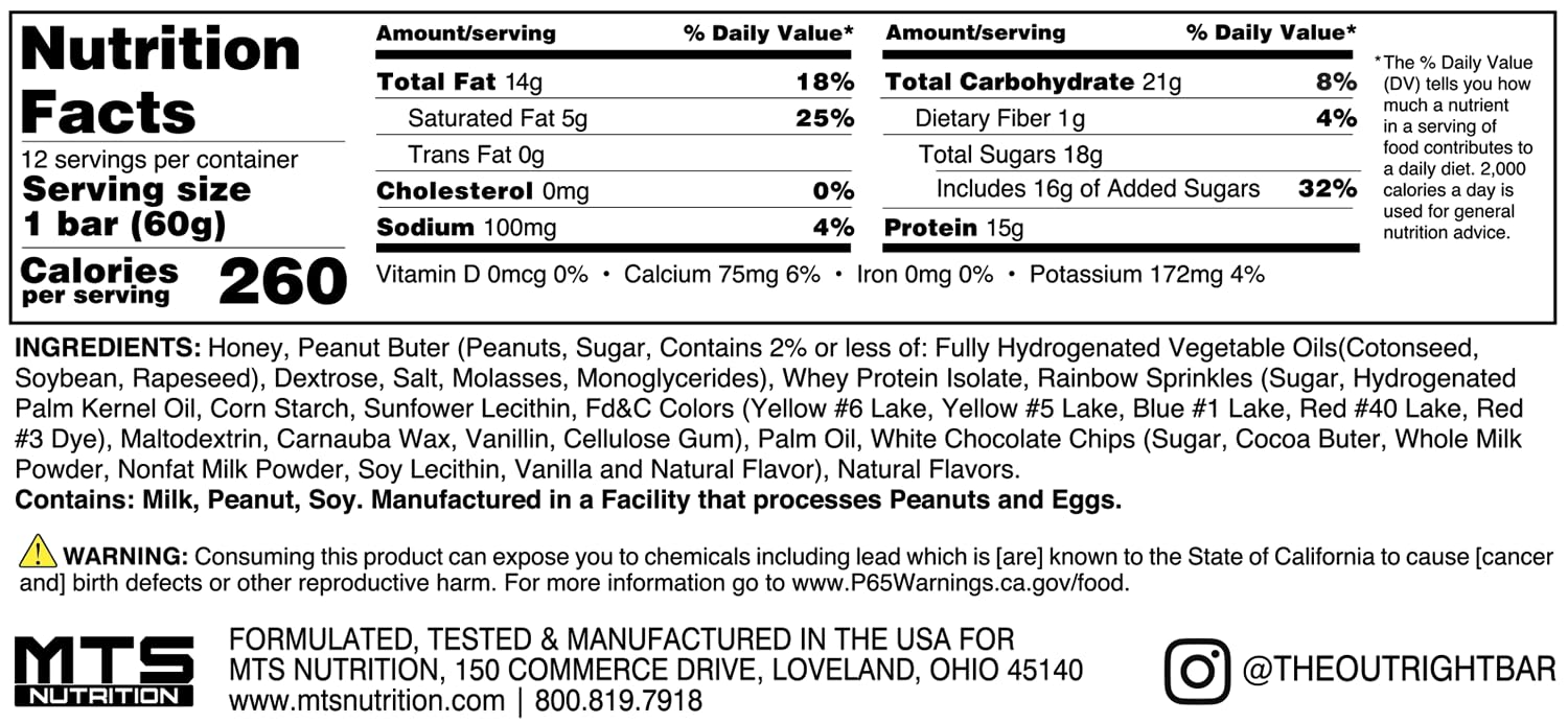 Outright Bars - Birthday Cake Peanut Butter - Whole Food Protein Bar - No Sugar Alcohols - MTS Nutrition (12 Count)
