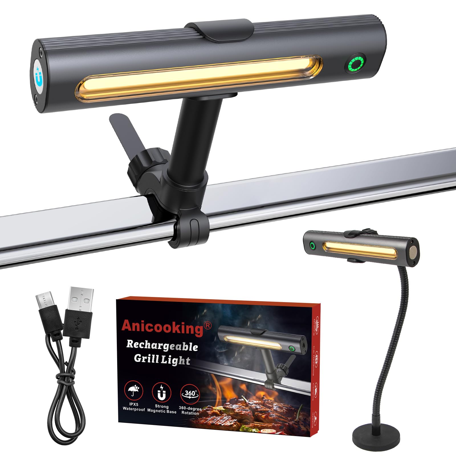 Rechargeable 360° Grill Light for Griddle & Grills with Magnetic Base and Gooseneck, IPX5 Waterproof, 2-Level,Brightness, USB-C Charging,
