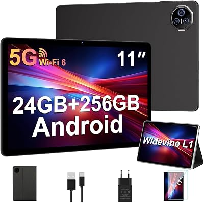 Tablet 11 Pulgadas Android, 24GB RAM+256GB ROM/1TB TF, Octa-Core 2.0GHz, Widevine L1, GMS/ 8000mAh / Tablet Pantalla Táctil/ 5MP+13MP / Facial ID/ 5G WiFi/BT 5.0, con Funda Negro