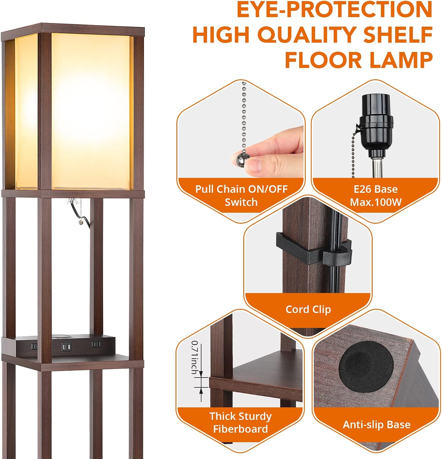 Mlambert Modern LED Shelf Floor Lamp with Wireless Charger & 2 Fast Charging USB Ports & 2 Power Outlets, 3 Tier Storage Display Standing Lamp Narrow Corner Light for Bedroom Living Room(Brown)