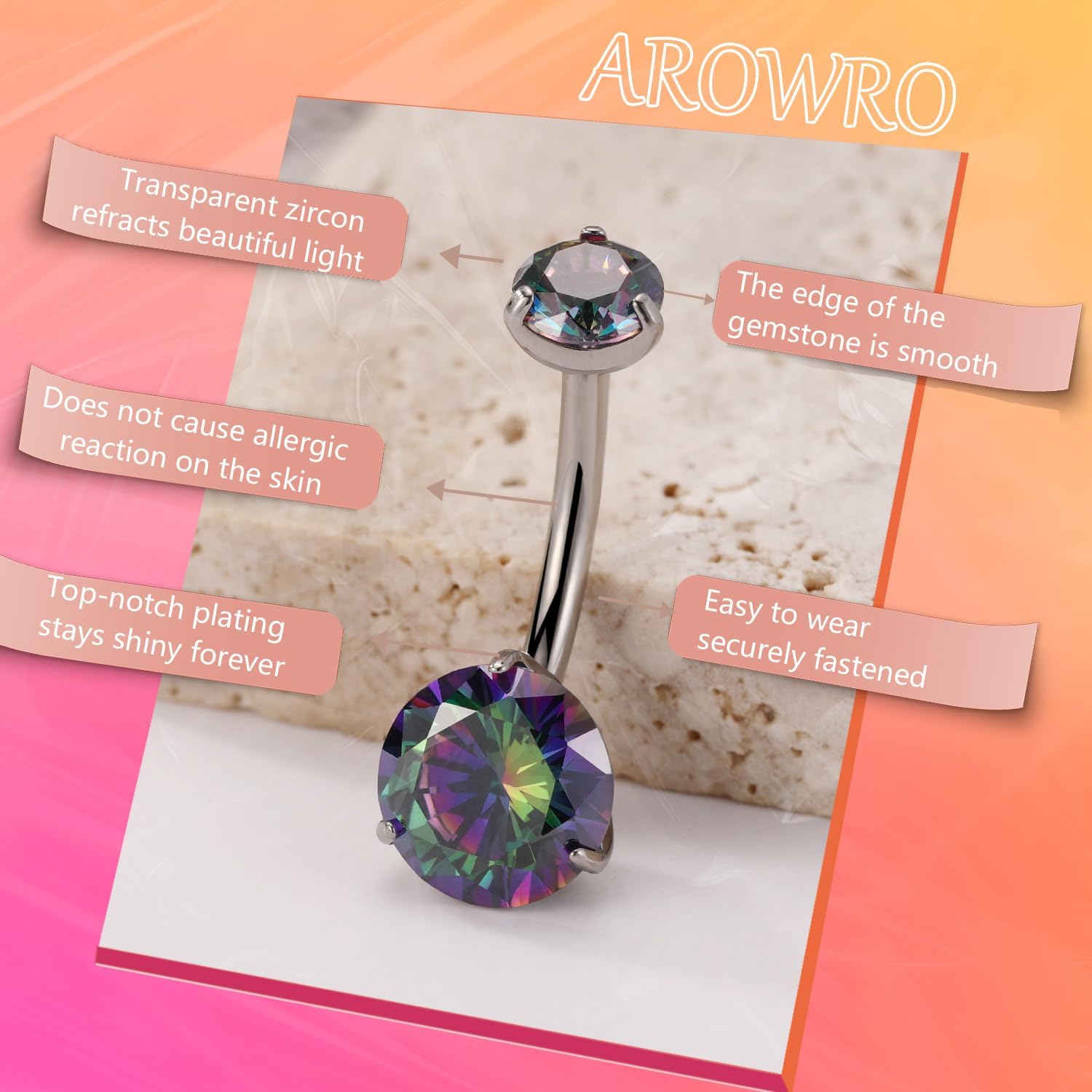 AROWRO G23 Titanium Belly Button Ring Hypoallergenic Belly Rings Internally Threaded Belly Button Piercing 14G 8-14mm Navel Piercing Jewelry with Round Cubic Zirconia - Image 2