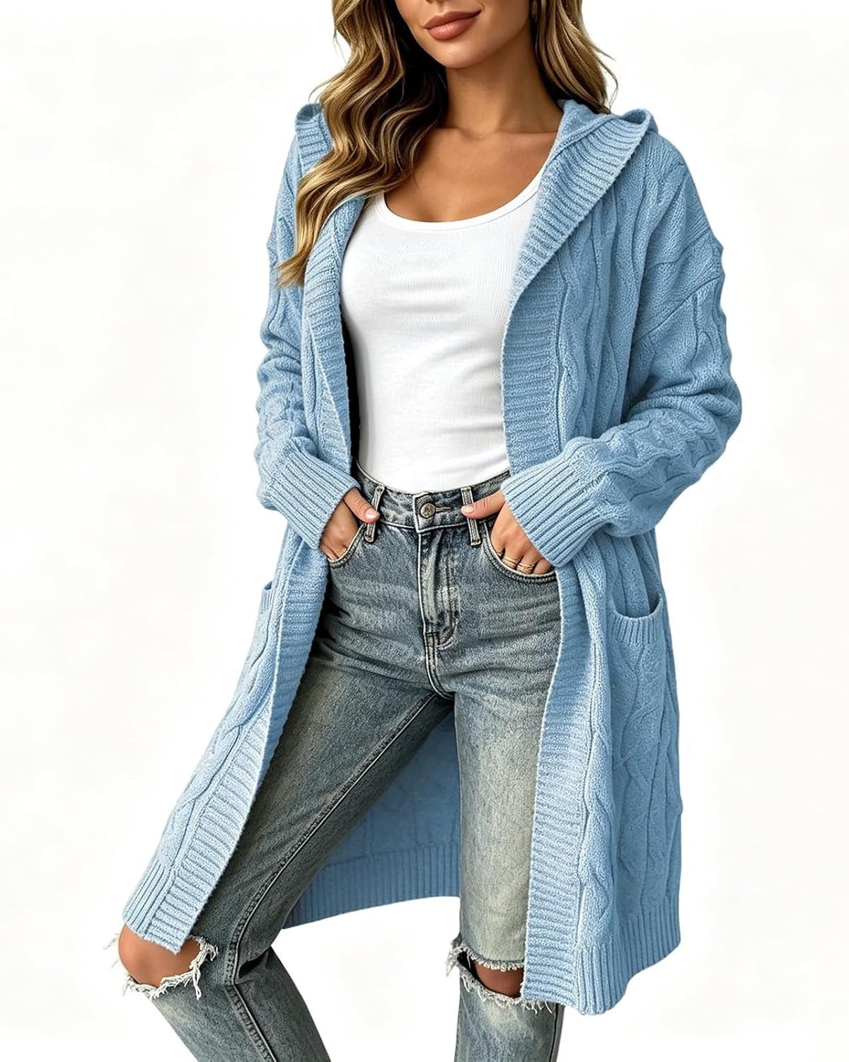 Sweaters Cardigan Women Hooded Long Sleeve Cable Knit Long Coat