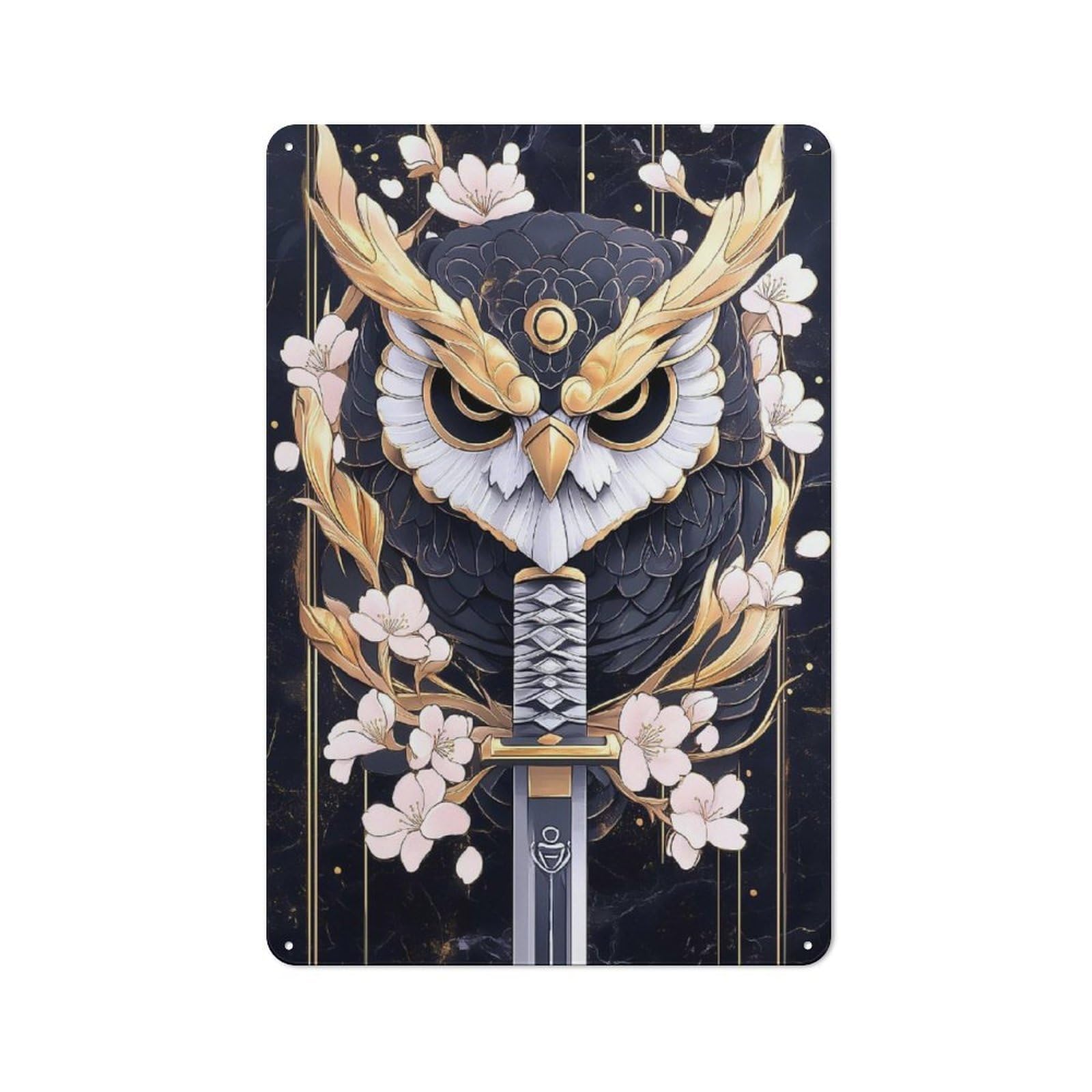 Junmoney Style-12 Retro Golden Owl With Katana Animal Metal Gift Sign 30X20cm, Home Wall Decor For Flat, Dorm Room, Lounge Or Cafe