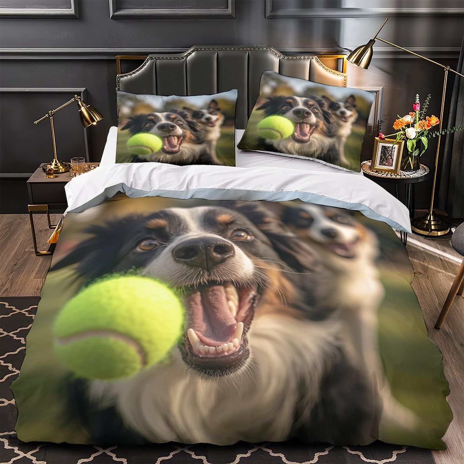 Housse de couette chien joueur 3D en microfibre 260x220 cm avec 2 taies d'oreiller