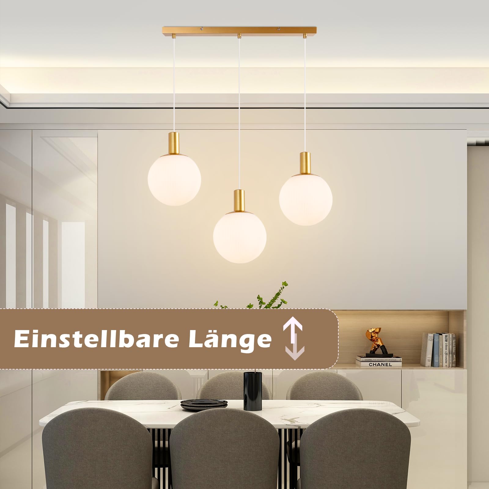 CBJKTX Pendelleuchte Esstisch Hängeleuchte Glas mit 6 Stück E27 Leuchtmittel - Gold 3 Flammig Hängelampe Esstischlampe Hängend Höhenverstellbar Pendellampe Modern für Esszimmer Küche Wohnzimmer Flur