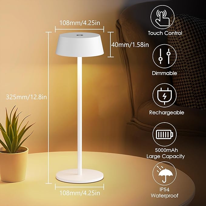 Aipsun Aipsun Table Lamps Set of 2, White Battery Operated Table Lamp Cordless Outdoor Touch LED Table Lamp for Restaurant/Living Room/Bedroom 3000K Warm Light IP54 Waterproof photo 5