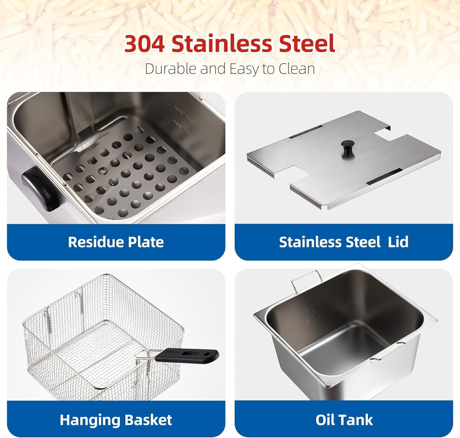 Commercial Deep Fryer with Basket, 11 L/10 QT Large Capacity Electric Deep Fryers, 0.6mm Thickened Stainless Steel Countertop Turkey Oil Fryer with Single Tank, Ideal for Commercial or Home Use