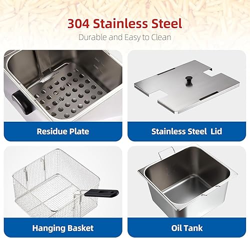 Miniatura 5 de Freidora comercial con canasta, freidora eléctrica de gran capacidad de 11 L10 cuartos de galón, freidora de aceite de pavo de acero inoxidable de