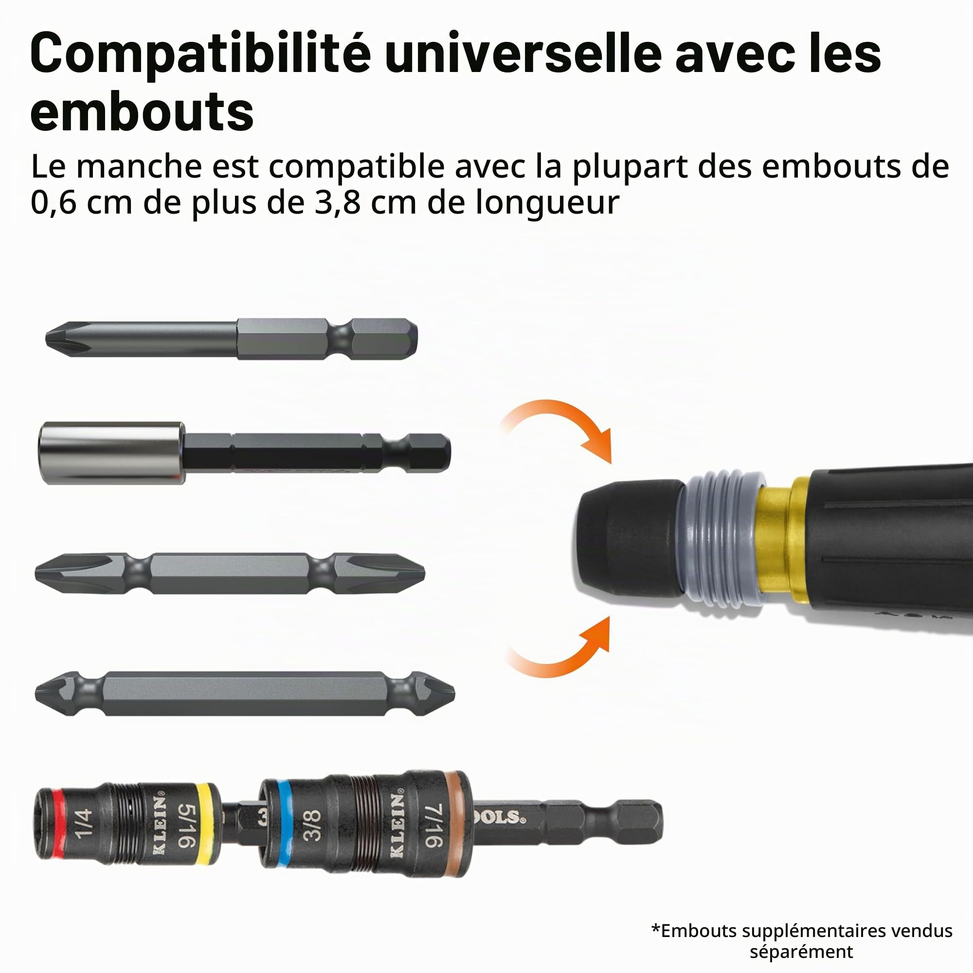 Klein Tools 32960ARCHT Tournevis à cliquet Fastbit Tru-Grip, poignée à cliquet style boule avec collier à dégagement rapide, cruciforme #2 et embout à double extrémité fendue de 6 mm, compatible avec