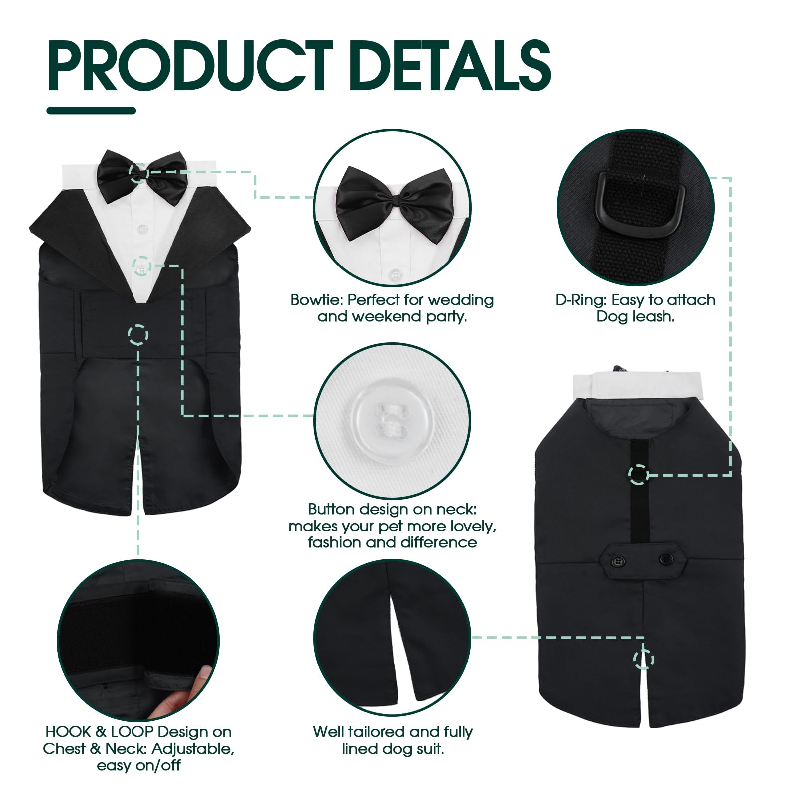 Kuoser Traje de Esmoquin y Bandana para Perro Abrigo Ropa Formal para Mascotas con Pajarita Desmontable Disfraz de Cachorro Camisa para Boda Fiesta de Cumpleaños de Halloween(XS-XXL)