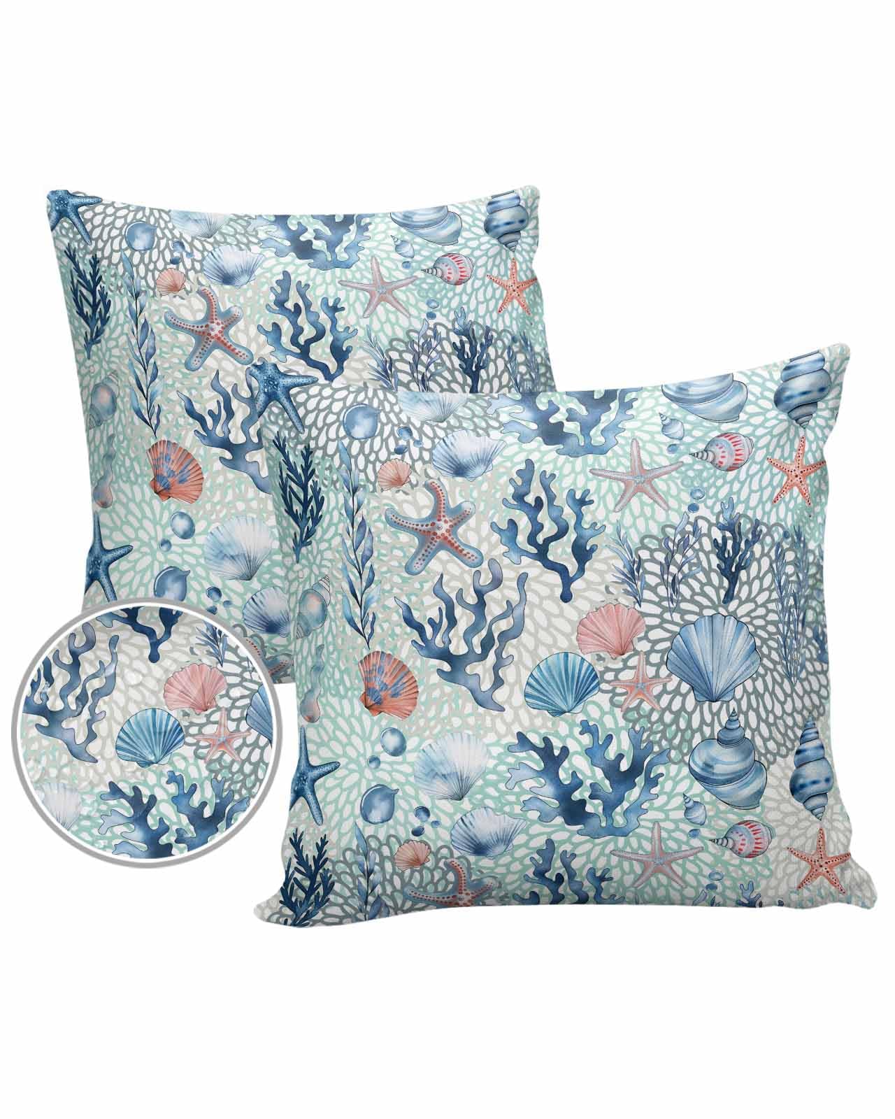 Boanket Outdoor Pillow Covers 18 x 18 in, Blue Teal Pink Coastal Waterproof Throw Pillow Cover Set of 2, Summer Nautical Coral Starfish Home Decorative Square Cushion Covers for Patio/Couch/Garden
