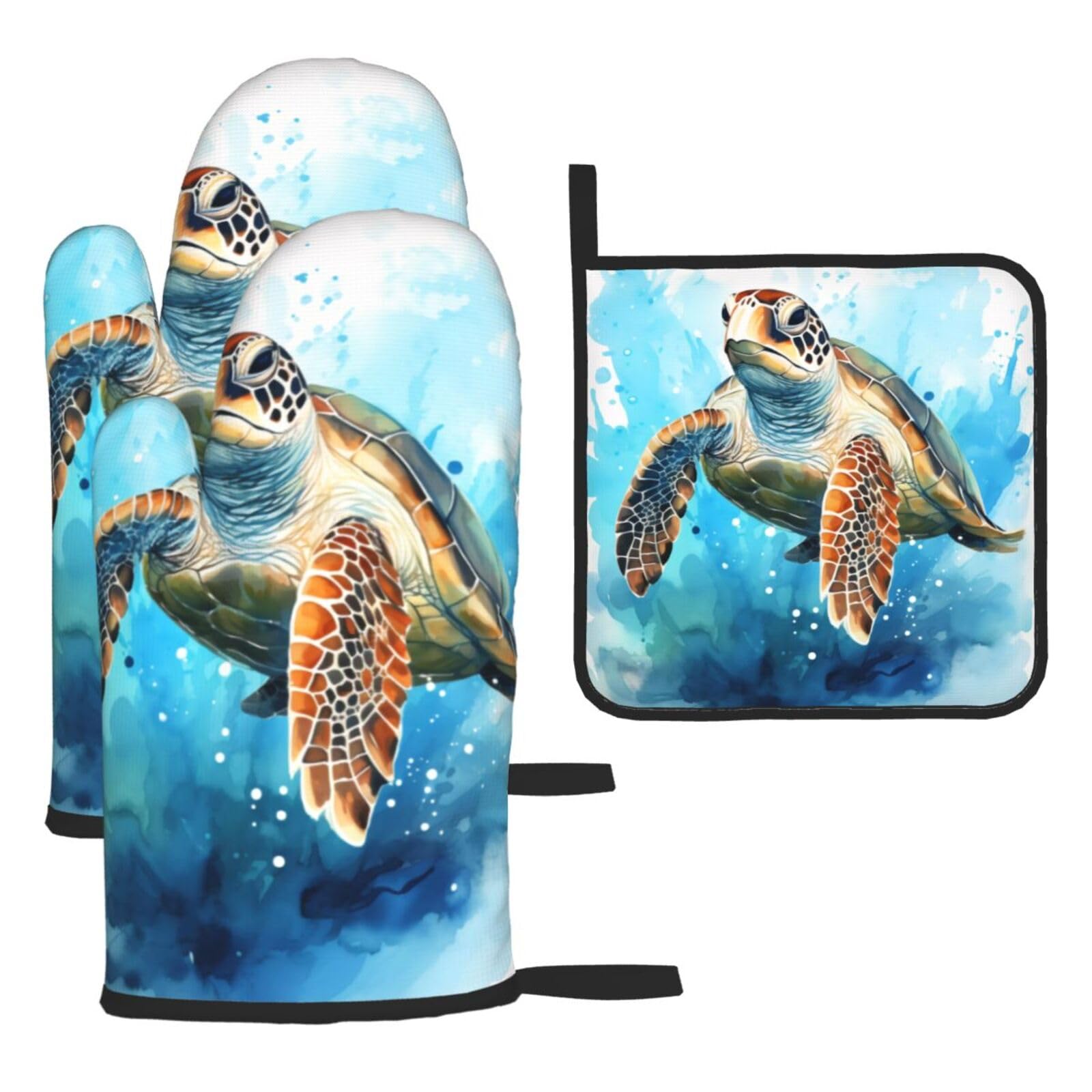 Turtle in the Blue Ocean Oven mittens and oven mitts three-piece set suitable for oven, grilling, baking, microwave and home cooking.
