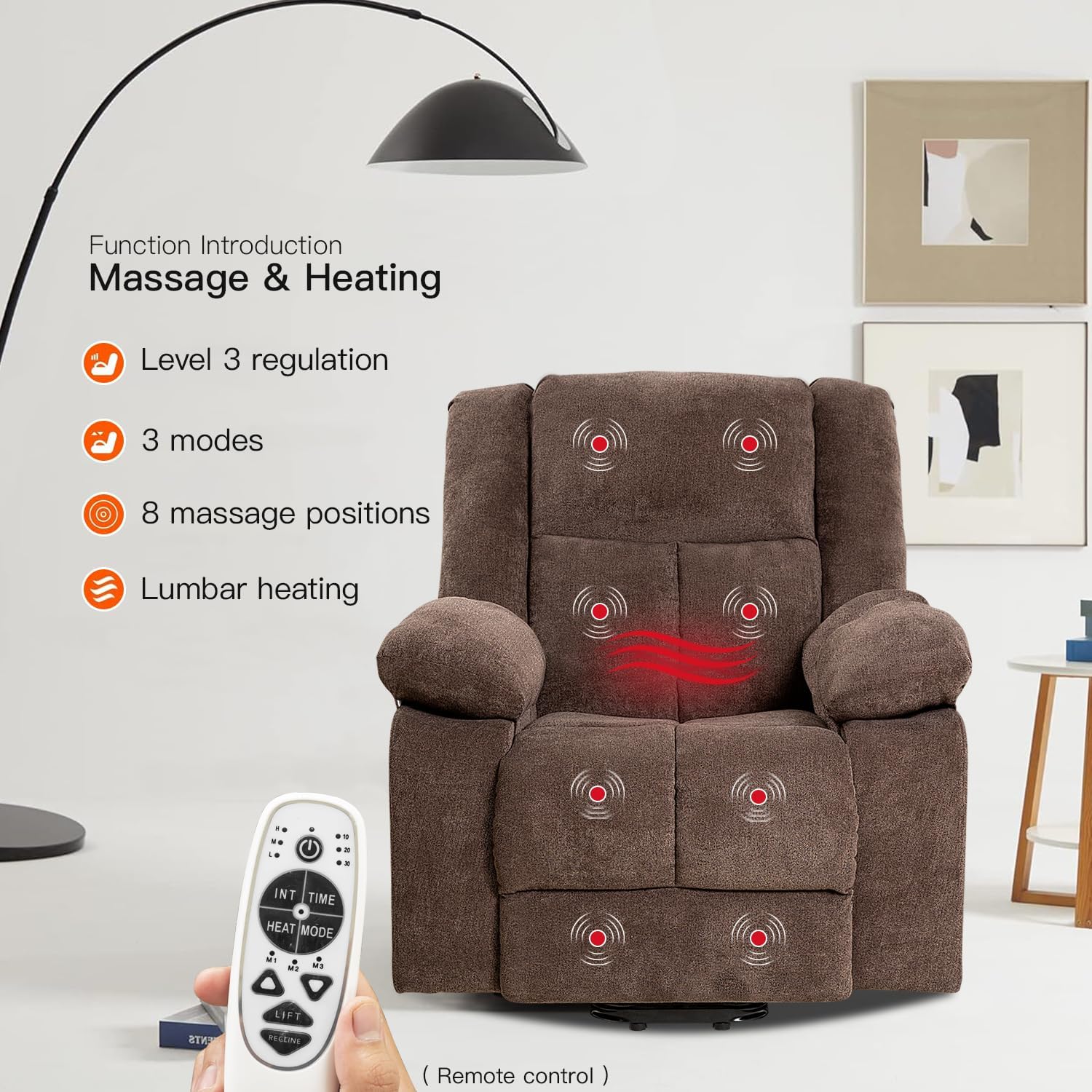 The recliner chair with illuminated massage points and a heat zone, showing the remote control with buttons for massage intensity, modes, and heat.