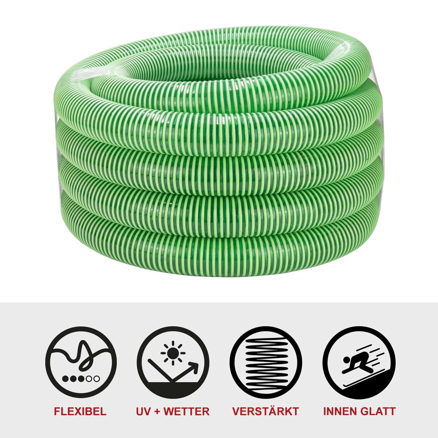 FLEXTUBE GR Ø 76mm (3 Zoll) Länge 10m PVC Schlauch, Spiralschlauch, Saugschlauch mit Hart PVC Spirale, grün transparent