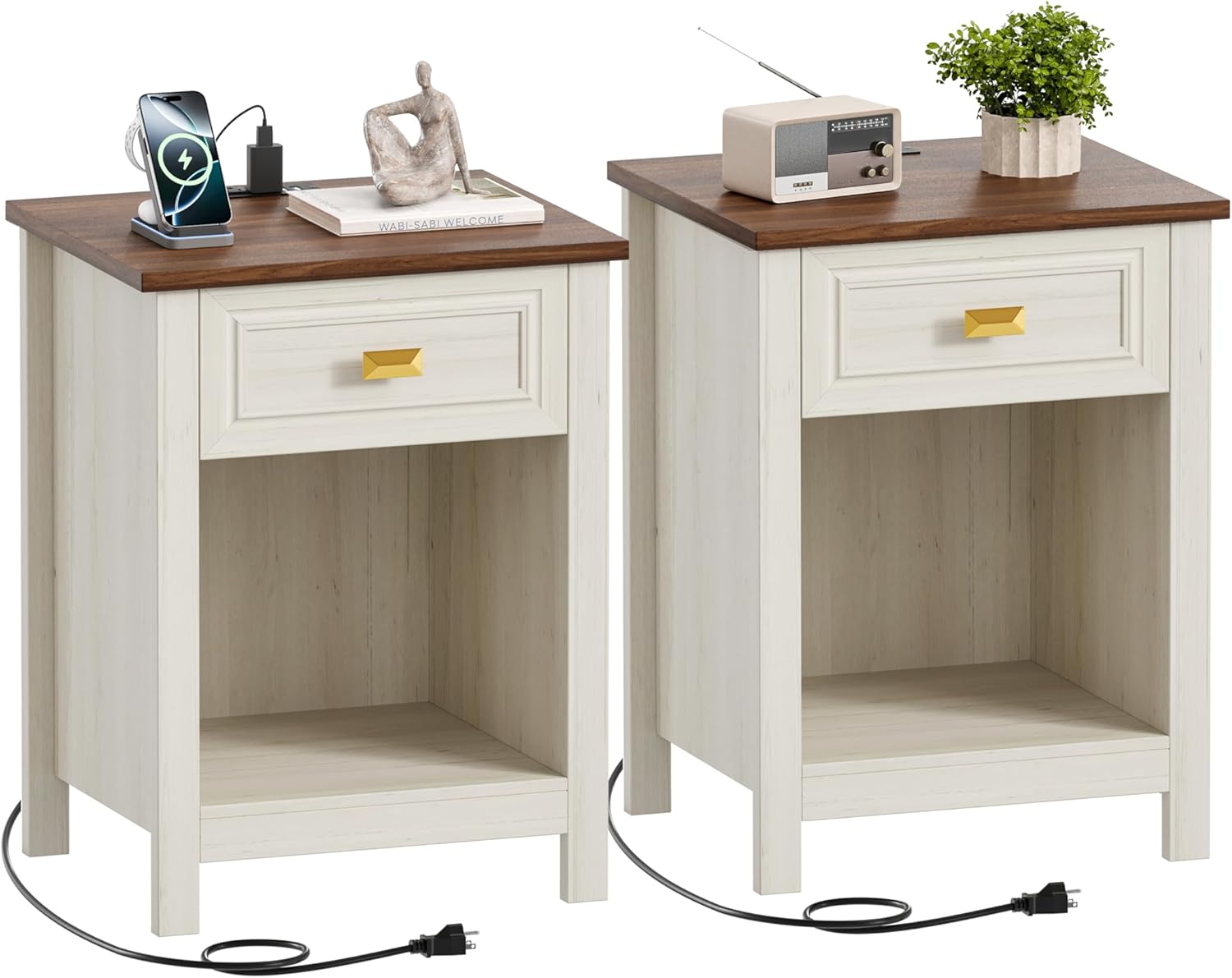 Farmhouse Nightstands Set of 2, Night Stand with Charging Station, Wooden Side End Table with Drawer and Storage Shelf, Modern Bedside Table with Golden Handle, for Bedroom, Off White