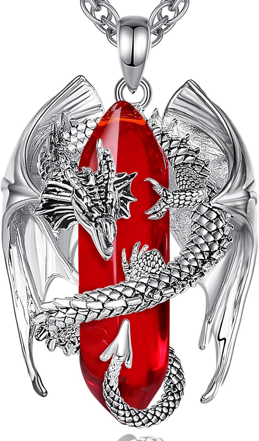 INFUSEU Unique Dragon Necklaces with Healing Crystal Stone for Men Women, Personalized Spiritual Gifts, 24 Inch Chain
