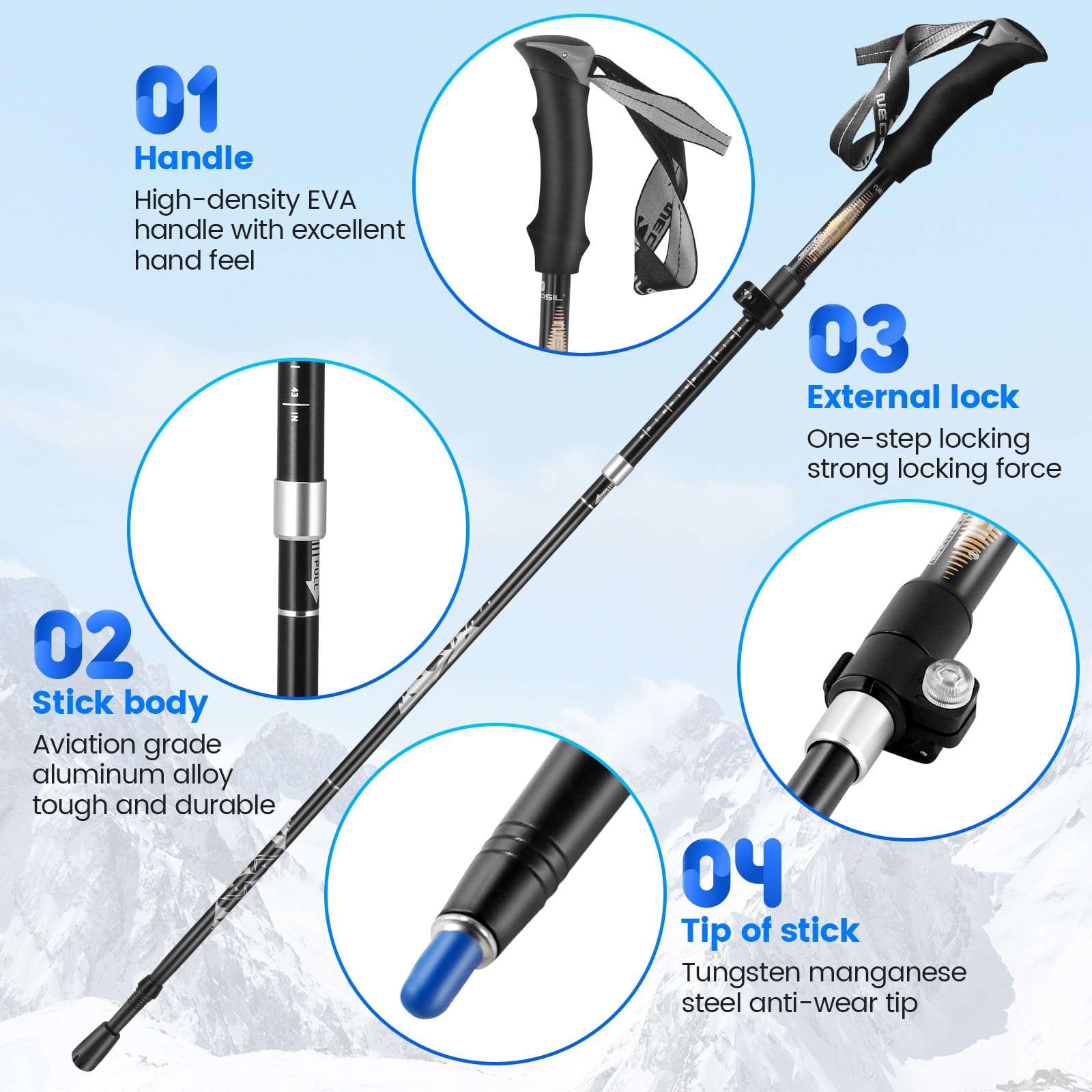 Bâtons De Randonnée Carbone Pliables Ultralégers Réglables 105-125cm - Marche Nordique Ski