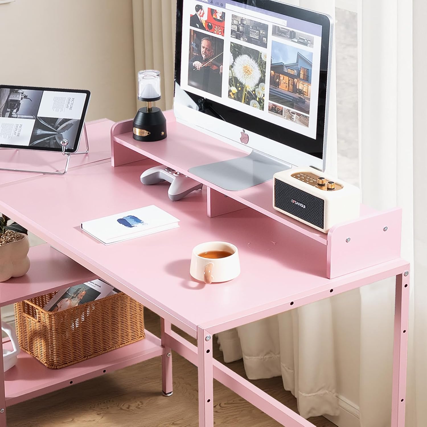 MINOSYS 47-inch Computer Desk with Storage Shelf - Ideal Gaming Desk for Bedrooms, Small Spaces, and Home Offices Modern Writing Desk for PCs,Pink Table. image 5