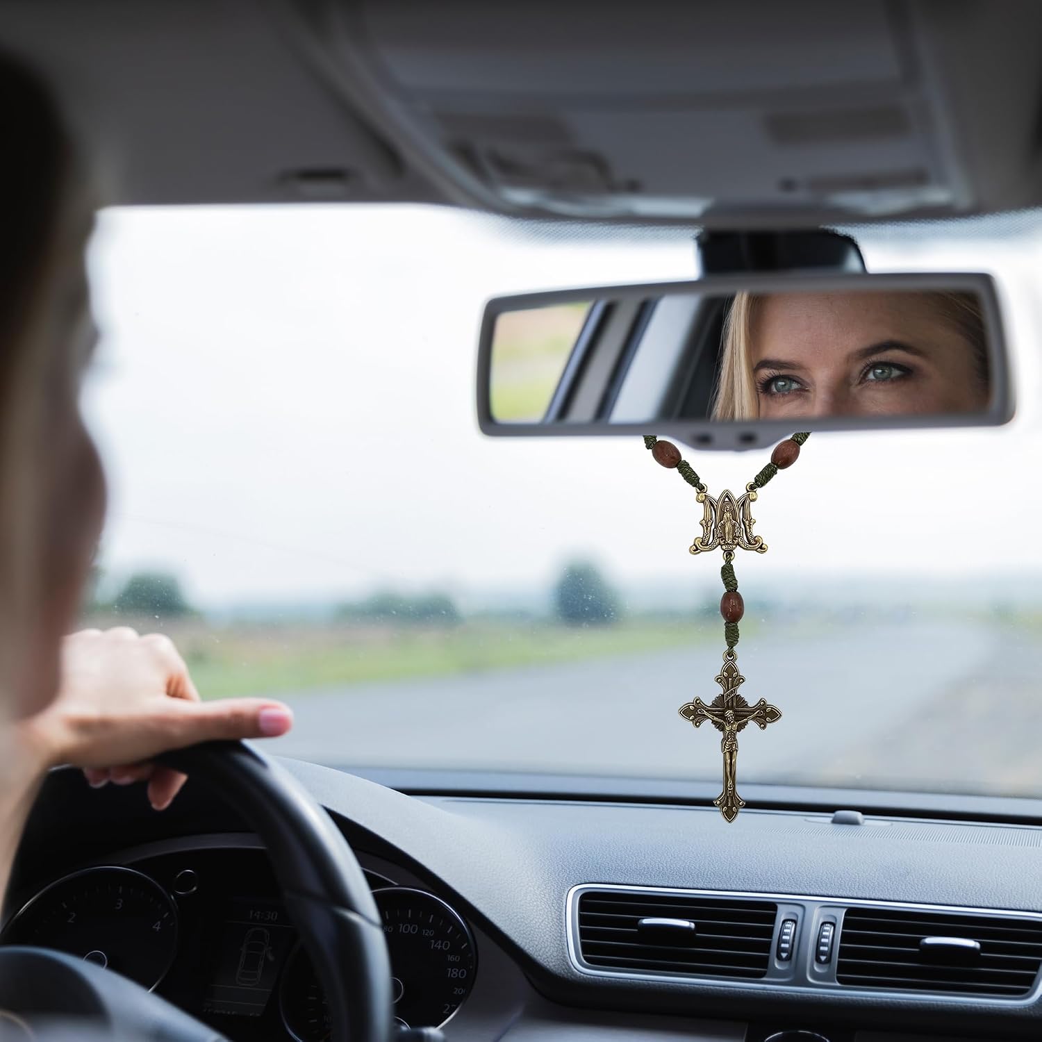 Our Lady of Grace One Decade Dark Brown Beads Pocket Rosary Catholic Crucifix Green Corded Prayer Rosaries for Car Rearview Mirror with Linen Gift Pouch