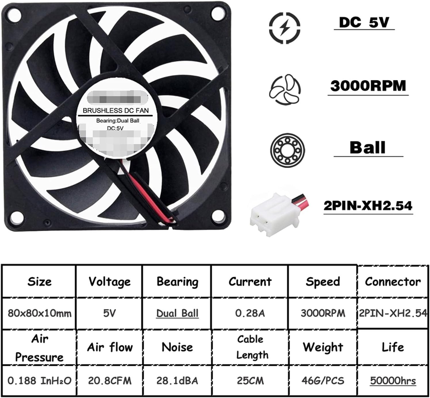 YANGQI yaoqijie 2PCS 80MM 5V USB 80x80x10mm 8cm 5V 12V 24V 8010 2PIN 3PIN Brushless DC Cooling Cooler PC CPU Computer Case Fan Cooler Lasting (Blade Color : 5V Ball XH2.54)