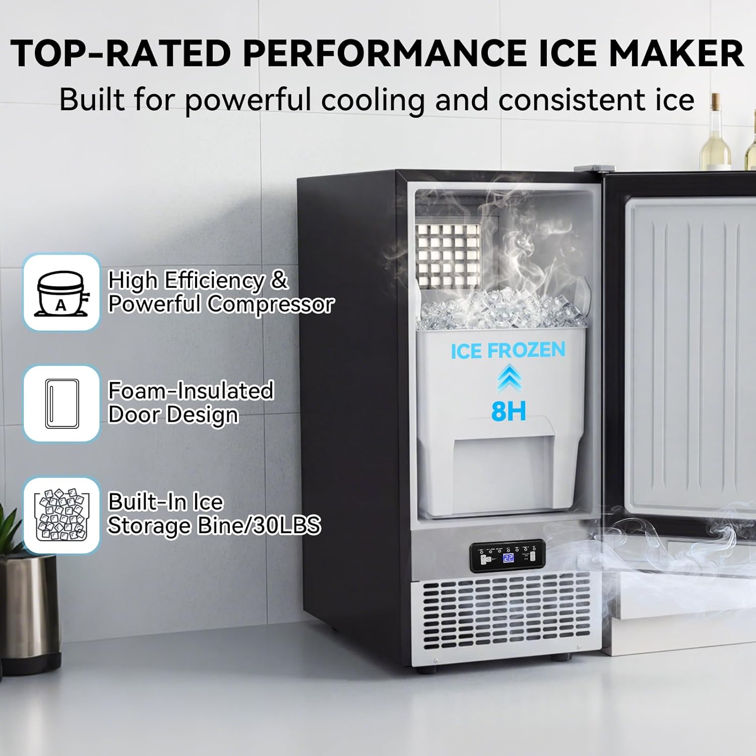 SOZT® Under Counter Ice Maker, 120LBS/24H Ice Machine, Self-Cleaning & 24H Timer, Commercial Ice Maker with 30LBS Storage - Reversible Door, Built-in/Freestanding Design for Home Bar Cafe Restaurant