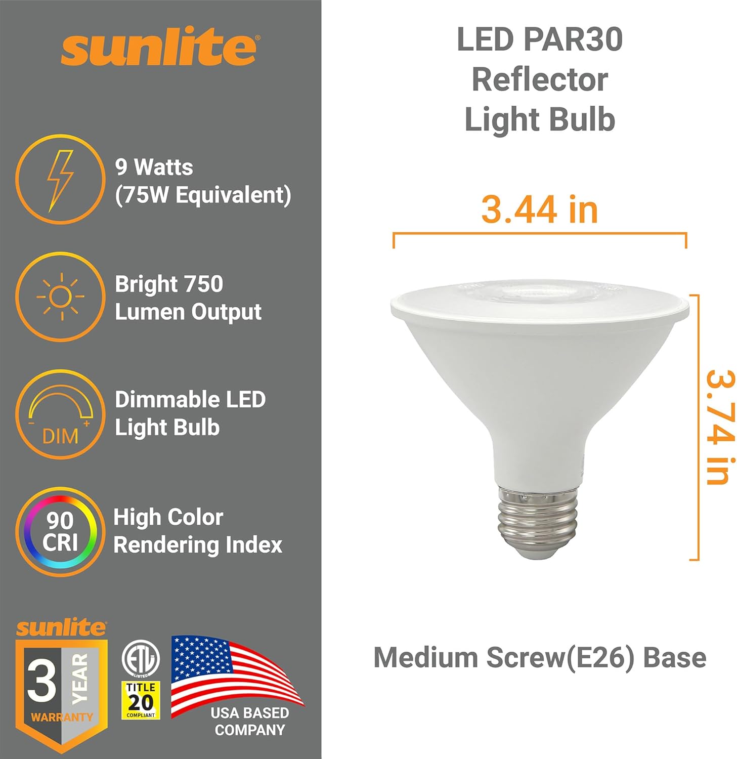 Sunlite LED PAR30 Reflector Light Bulb, 9 Watts (75W=), 750 Lumens, Medium E26 Base, 90 CRI, Dimmable, Floodlight, Title-20 Compliant, ETL Listed, 1 Count, 4000K Cool White