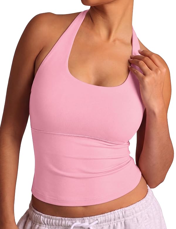 Quenteen Womens Halter Double Lined Tank Tops Backless Summer Fashion Clothing 2026 Light Pink by Quenteen - Used condition - US$12.96
