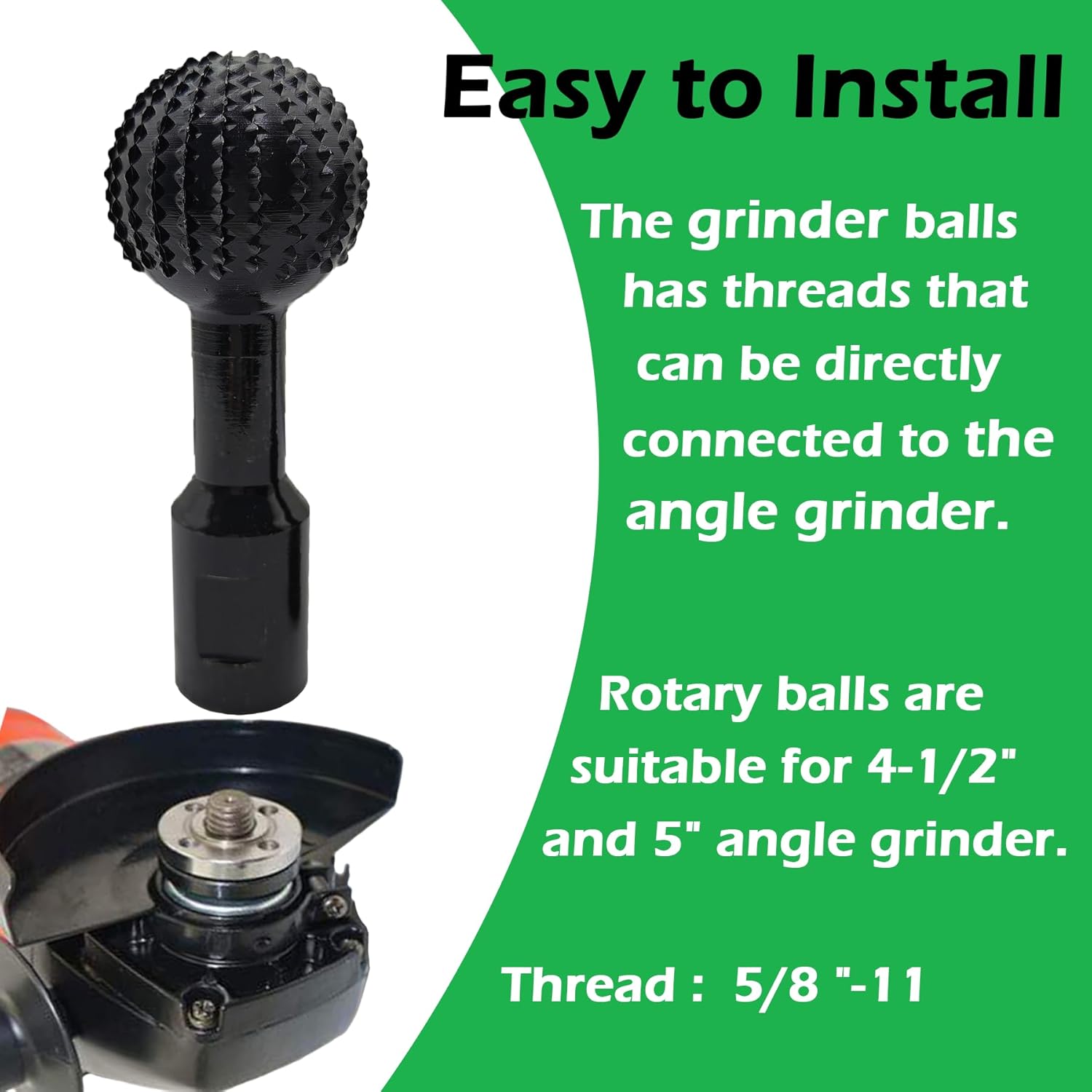 3Pcs Sphere Rotary Burr Ball for Drill with 5/8"-11 Threads for 4 1/2 and 5 Inch Angle Grinder, Woodworking Spherical Rotary Burr Wood Carving Tool for Deburring Engraving and Polishing