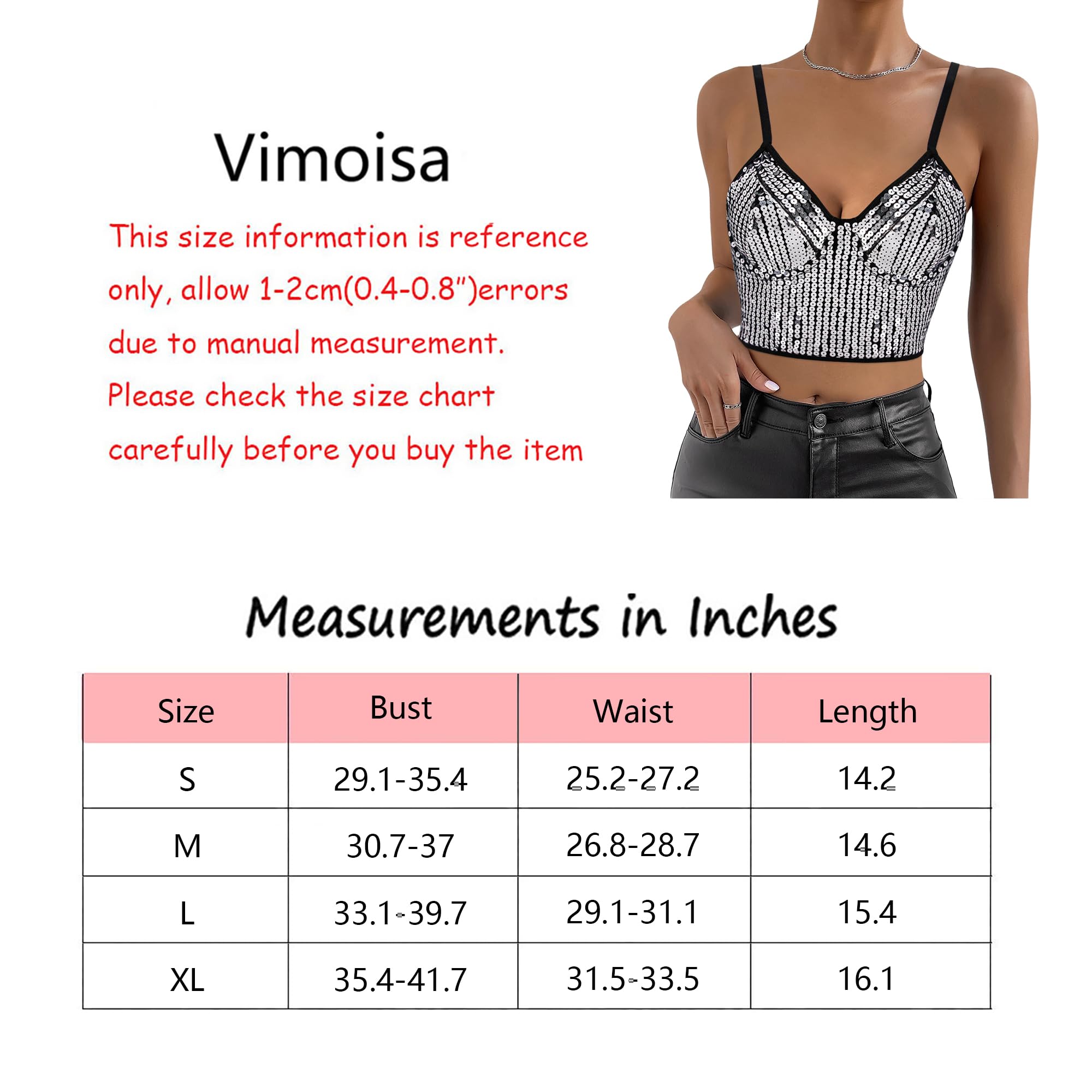 Canottiera da donna riflettente metallizzata, bustier con spalline sottili crop top aderente senza maniche a tubo, camicetta, Paillettes Nero, M