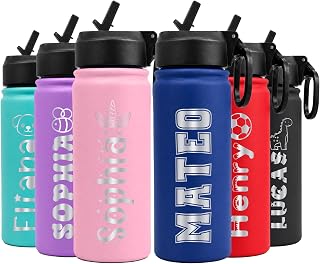 Ships Next Day, Personalized Kids Water Bottle with Name, Custom Stainless Steel Insulated Water Bottle For Kids, 18 oz & 6 Color Sports Bottles, Leak-Proof BPA Free Back To School Gift For Boys Girls