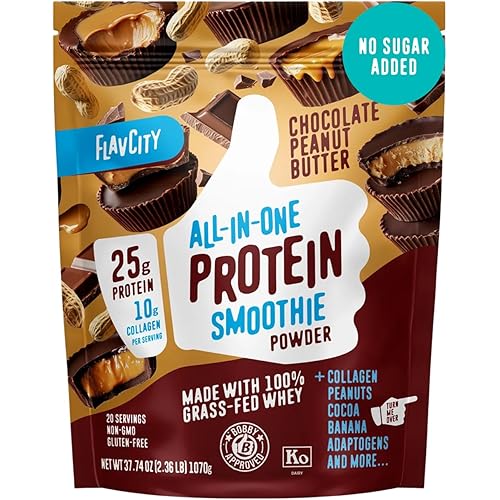 FlavCity Grass Fed Whey Chocolate Protein Powder - Chocolate Peanut Butter - 25g Protein & 10g Collagen - Made with Organic Cocoa & Coconut Milk - Gluten Free & No Added Sugars (20 Servings)