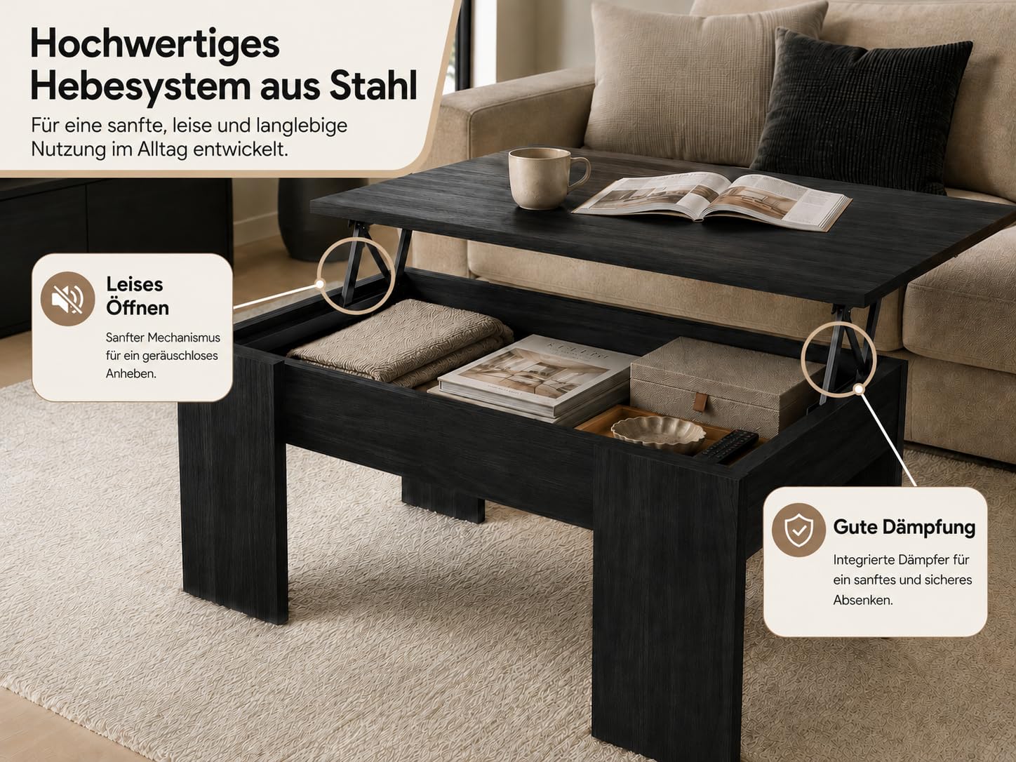 Couchtisch mit Höhenverstellbarer 100 x 45 x 50 cm. Platte Kaffeetisch ausziehbarer Wohnzimmertisch Sofatisch für Wohnzimmer, Büro, Schwarze Holzoptik.