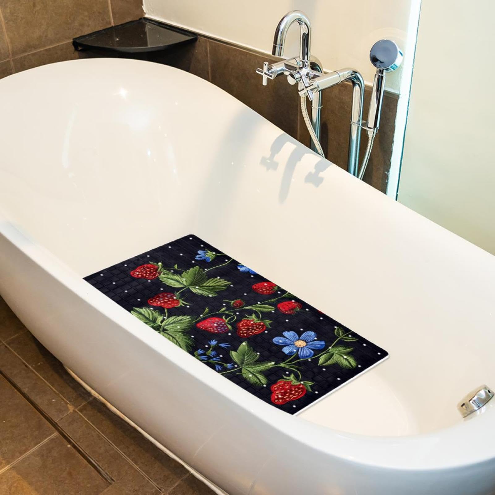 Rutschfeste Badematten für Badezimmer, Motiv: Erdbeerpflanze mit Blättern, rechteckige Badewannenmatte, maschinenwaschbar, 40 x 70 cm