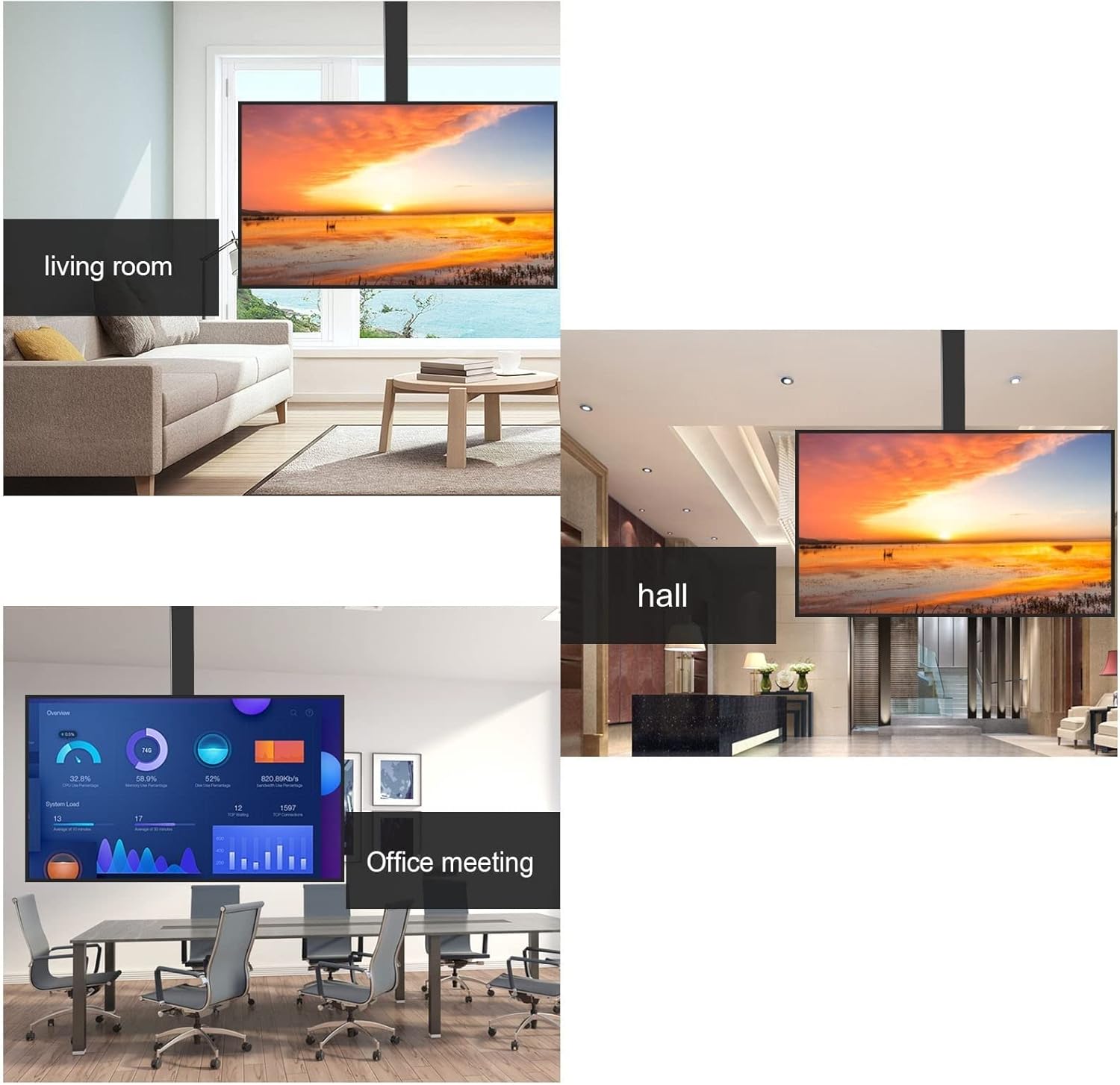 Ceiling TV Mount Bracket, TV Stand, Height Adjustable Motorized Ceiling TV Mount, Remote Control and Dual Control Switch, Adjust The Distance Between The Left and Right Hole (Black