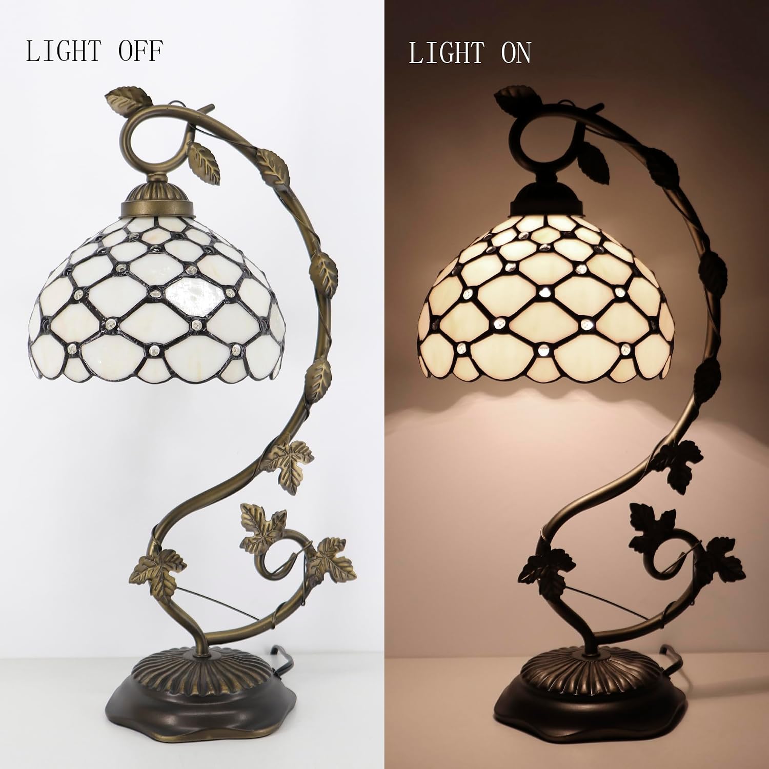 Tiffany Table Lamp, Stained Glass Desk Reading Light,Metal Leaf Table Lamp Base 8X10X21 Inches (Cream Bead)