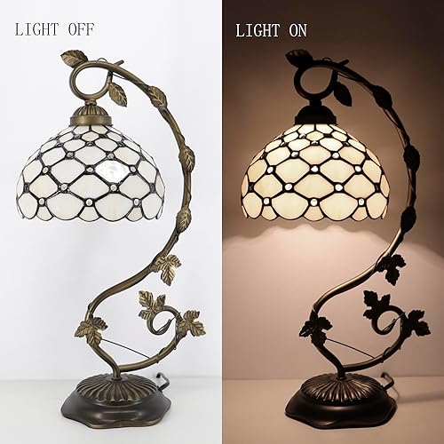 Miniatura 3 de Tiffany - Lámpara de mesa, luz de lectura de escritorio de vidrieras, base de lámpara de mesa de hojas de metal, 8 x 10 x 21 pulgadas (cuentas crema)