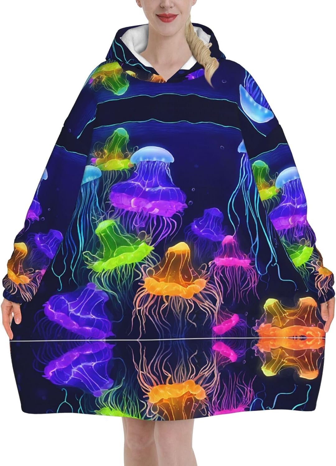 MUSM Colored Jellyfish Print Blanket Hoodie Fleece Sweatshirt Blanket With Sleeves And Pockets