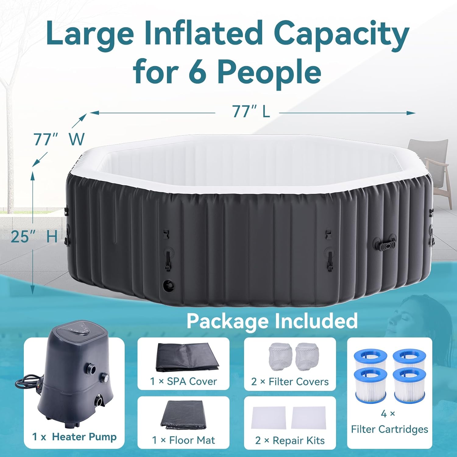 4-6 Person Inflatable Hot Tub, Large Polygon Portable Blow Up Hot Tub, 77” X 25”Leak-Proof PVC Outdoor Spa with 130 Air Jets, Insulated Cover