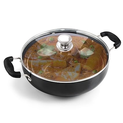 AGARO Elite Hard Anodised Kadhai with Glass Lid, 2.5L Capacity, 24 cm Diameter, Gas Oven Compatible, Riveted Handle, 4mm Thick Plate, Cooking, Frying, Serving, Black