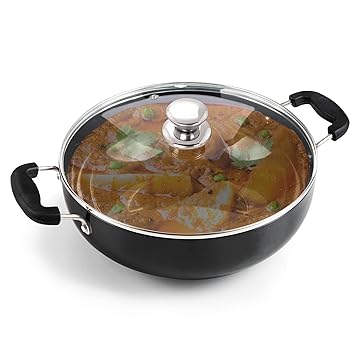 AGARO Elite Hard Anodised Kadhai with Glass Lid, 2.5L Capacity, 24 cm Diameter, Gas Oven & Induction Compatible, Riveted Handle, 4mm Thick Plate, Cooking, Frying, Serving, Black