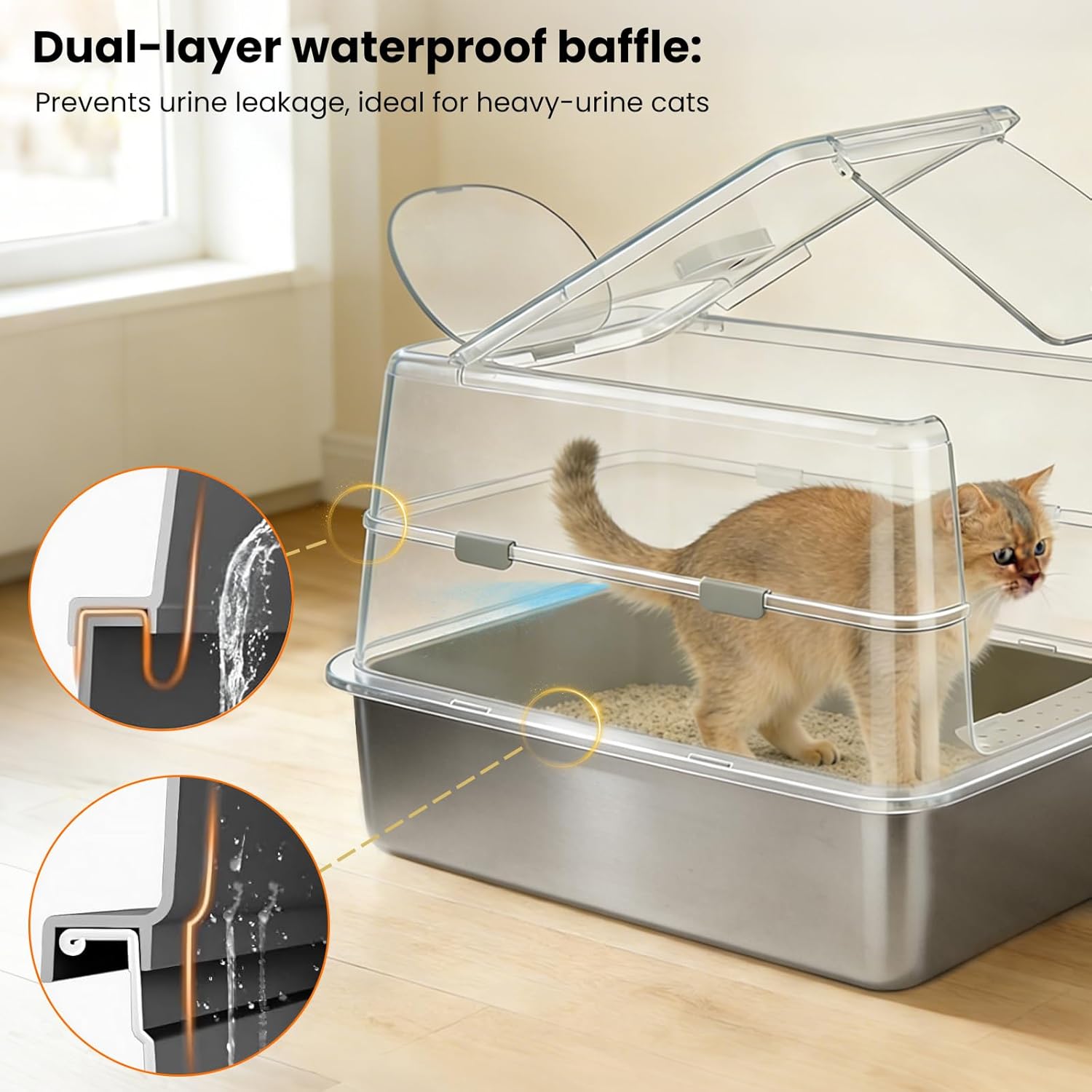 Stainless Steel XXL Cat Litter Box with 120° Lid, Enclosed Top Entry High-Sided Anti-Leak Cat Box, Dog Proof Litter Box for Multiple Cats, Includes Litter Step & Scoop