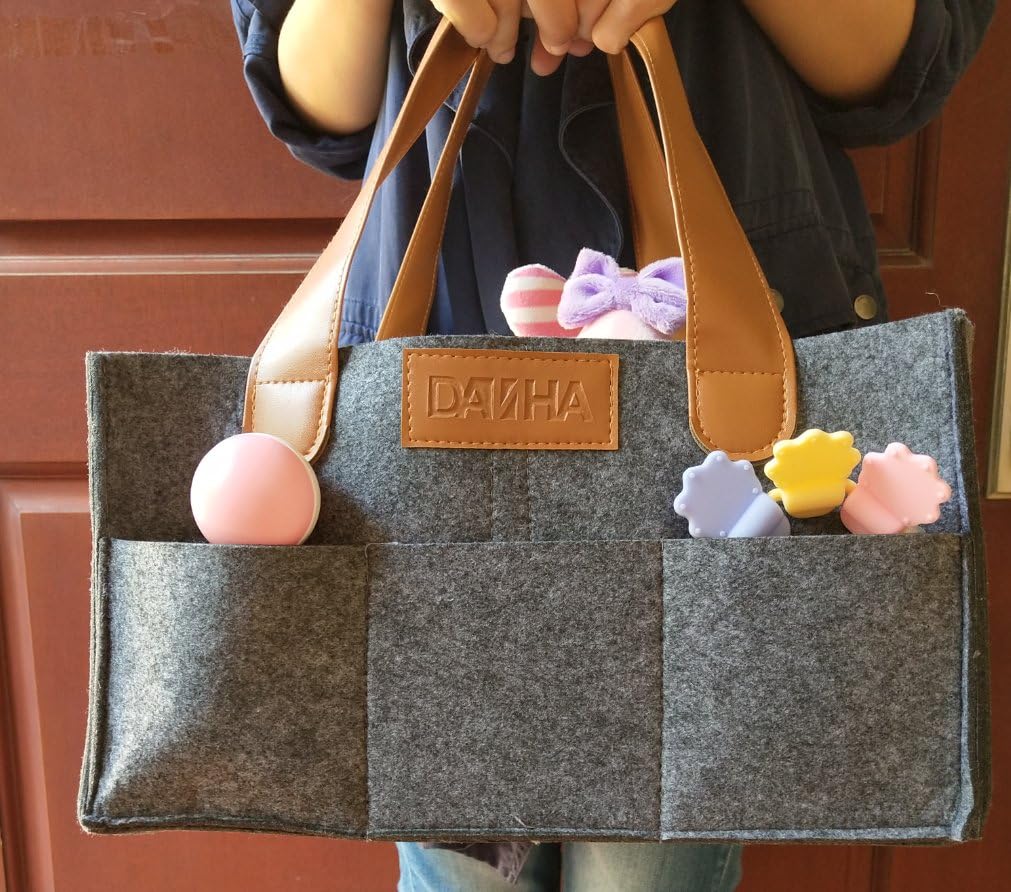 Baby Diaper and Wipes Storage Caddy – Portable Diaper Bag And Organizer With Felt With Leather Handle for Baby Boy or Girl -Changing Table Organizing Basket Use in Nursery, Car and Travel