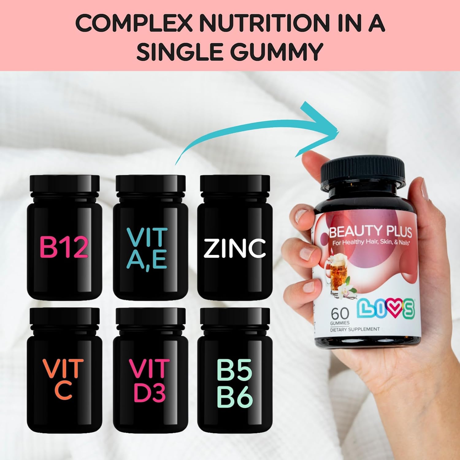 LIVS Beauty Plus Gummy Vitamins - Biotin Gummies for Hair, Skin and Nails | Natural, Gluten-Free, Non-GMO Beauty Supplement with Vitamins A, C, E, B12, D2, Zinc & More - Cream Soda Flavor - 120 Ct