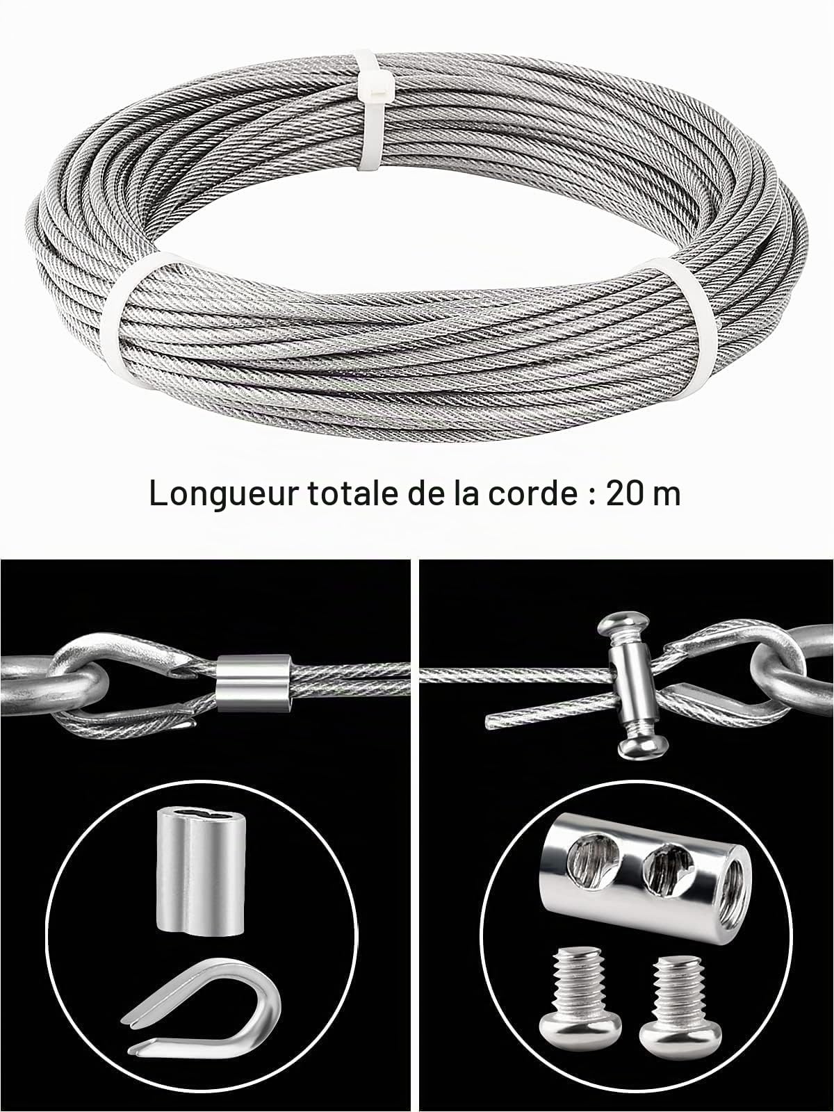 TooTaci Cable Acier 3mm /20M Câble en Acier Inoxydable Gaineavec Cosses M3 & Serre-Câbles,Kit de 3mm Câbles Métalliques Idéal pour Fil de Clôtur,Fil de Jardin pour Plantes Grimpantes,Suspension