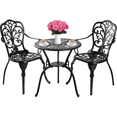 Bistro Set 3 Piece Outdoor, Bistro Table and Chairs Set of 2, All Weather Patio Bistro Set with Umbrella Hole, Patio Set for Garden, Black