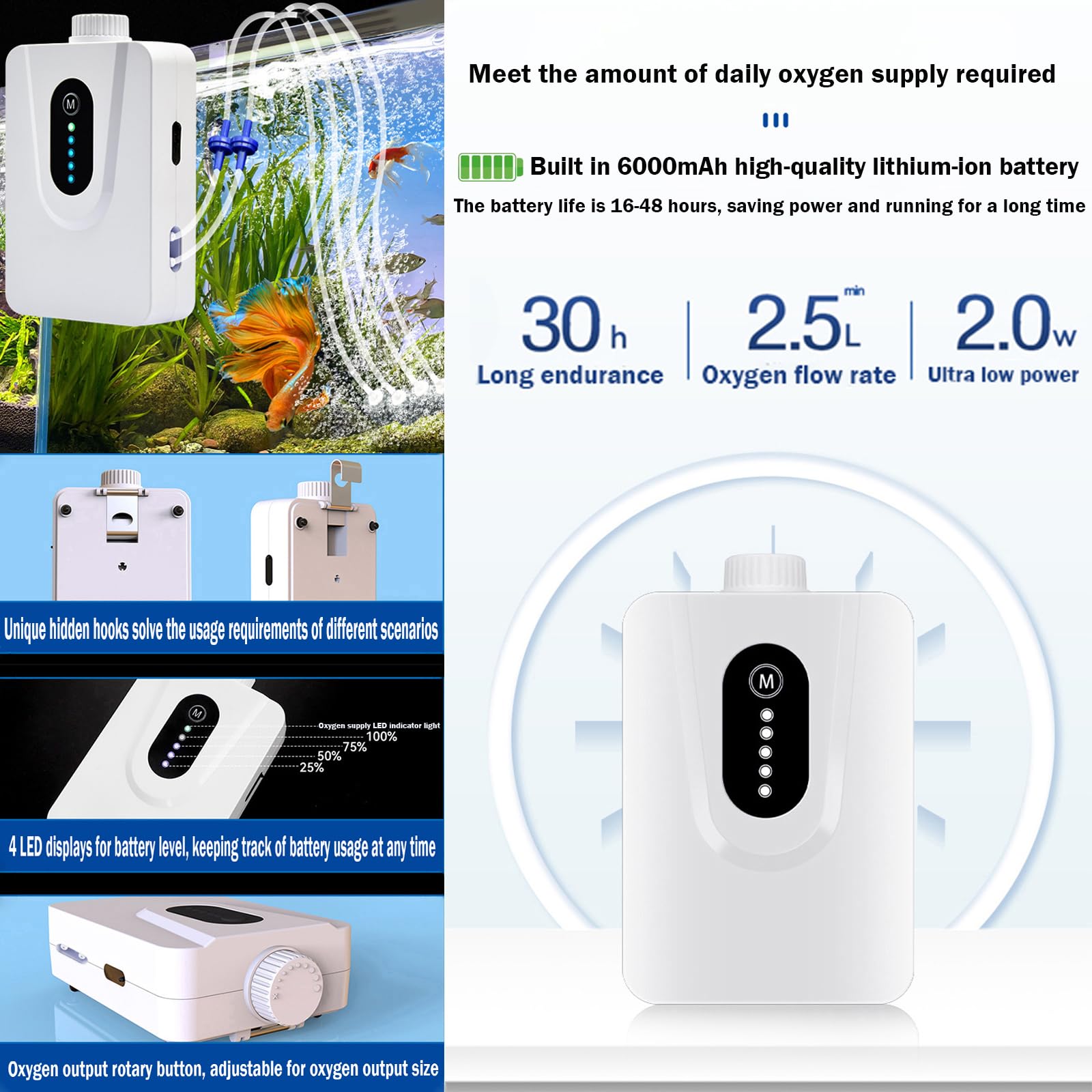 Bomba de Aire Solar 6W Con Batería 6000mAh - Aireador de Estanque y Acuario, Carga USB y Solar - Oxigenador Con Tubo de Piedras de Burbujas Para Pesca